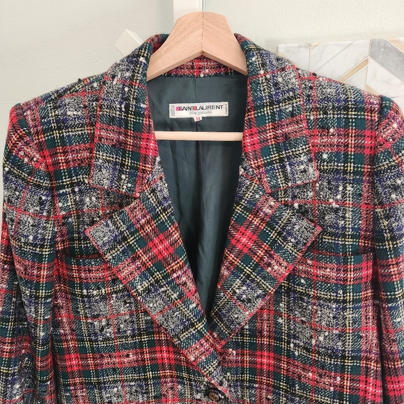 YSL Saint Laurent Rive Gauche Paris Vintage Tartan Tweed Blazer 1970s Euc - Picture 7 of 16